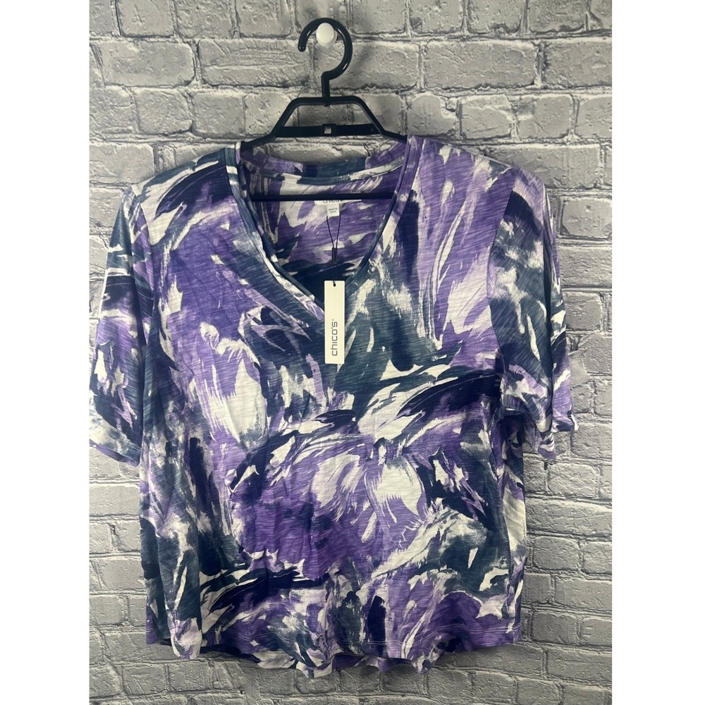 Chico's Size 4 (XXL) Cotton Slub Tee Purple Floral A-line V-neck Top NWT